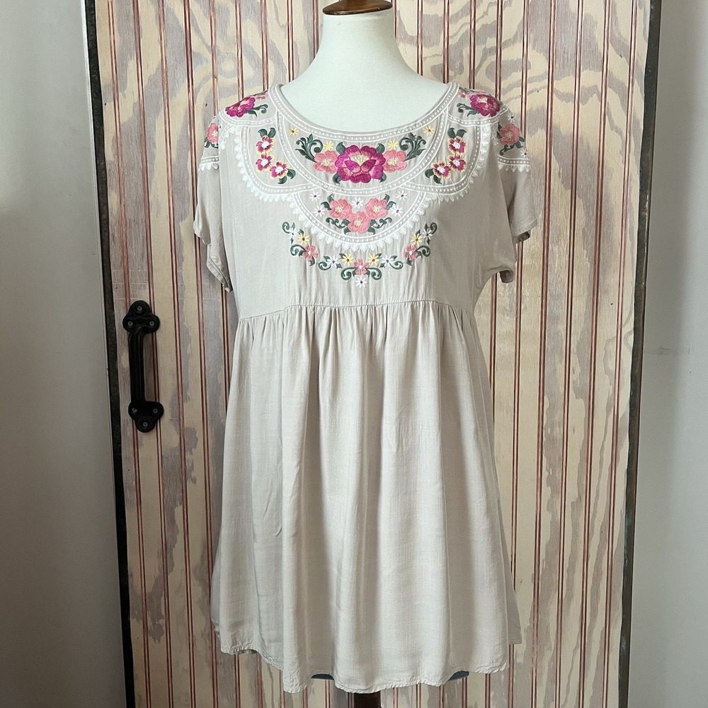 Savanna Jane Embroidered Boho Tunic Top Mini Dress Floral‎ Rayon Festival Medium
